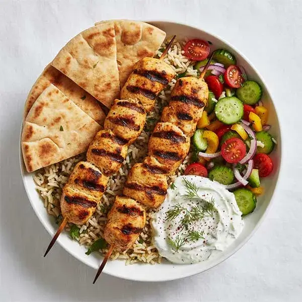 Spiced Chicken Souvlaki Bowl With Toasted Pita Points & Cucumber Relish